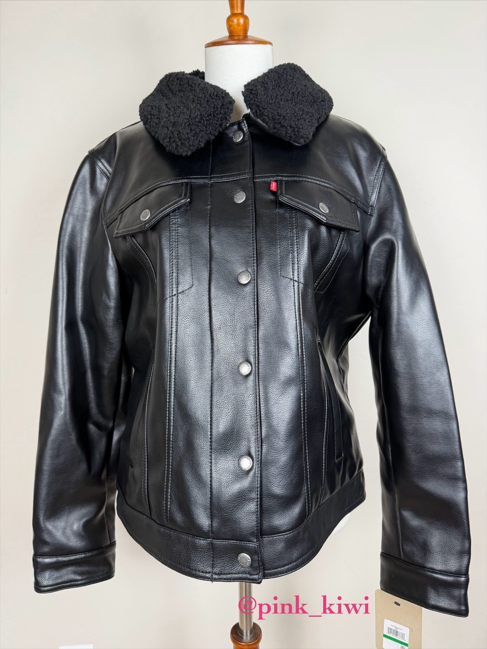 Levi's Black Faux Leather Trucker Jacket with Faux Shearling Collar